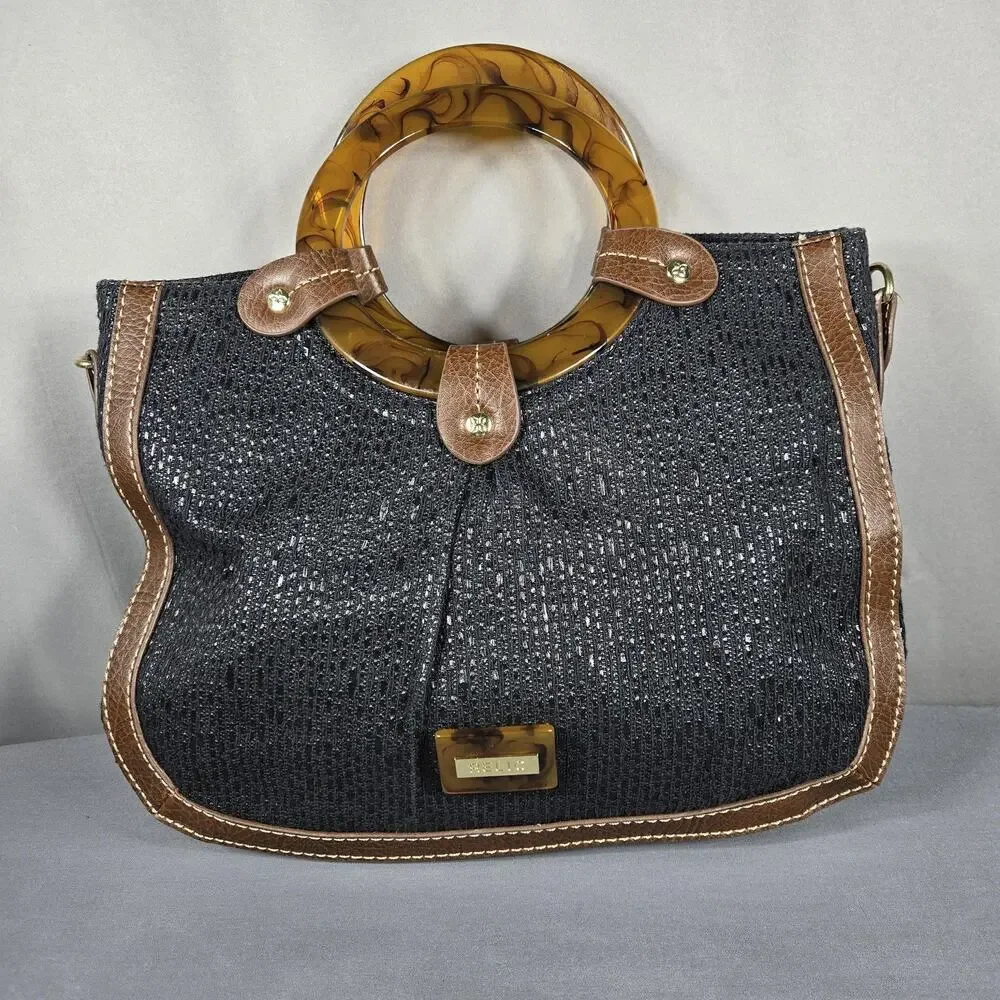 Relic‎ by Fossil Ring Handle Tote Black Woven Bag Brown Trim Tortoise Acrylic